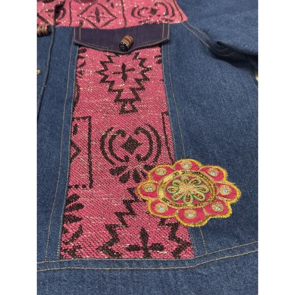 Indigo Moon Denim Chambray Medium Coat Pink Aztec Accent Purple Trim Embellish - Picture 7 of 13